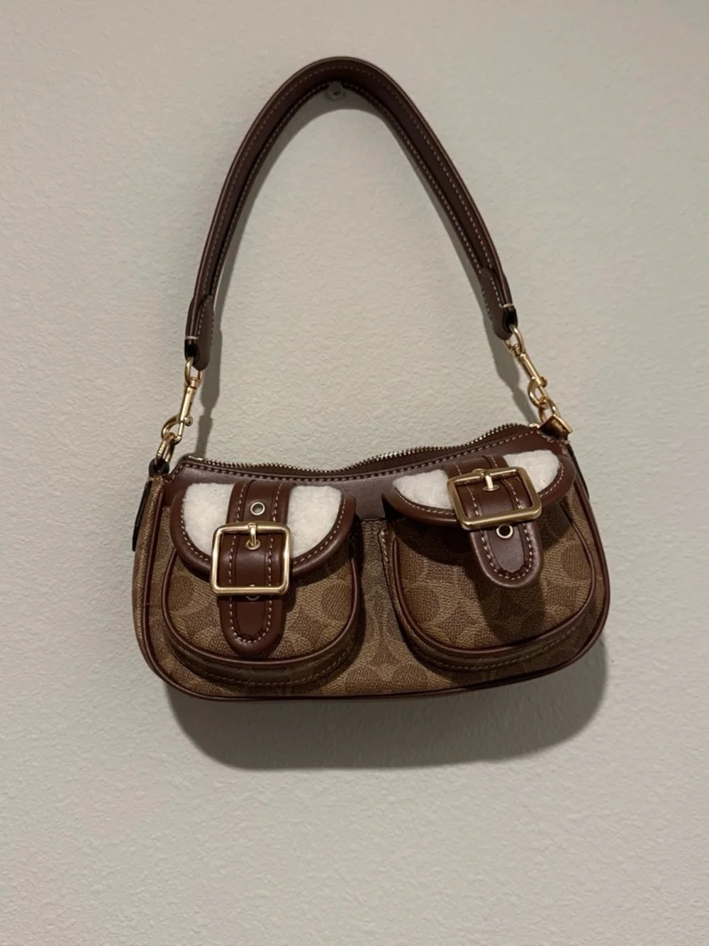 Coach Brown Signature Canvas Shoulder Bag with Dark Brown Leather Trim
